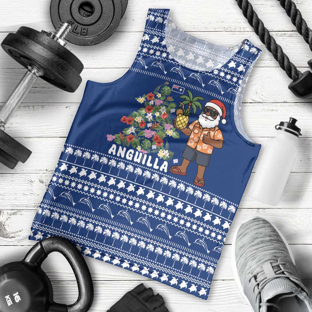Anguilla Christmas Men Tank Top with Santa Pineapple Floral Tree Island Crest and Tropical Pattern Design - Wonder Print Shop