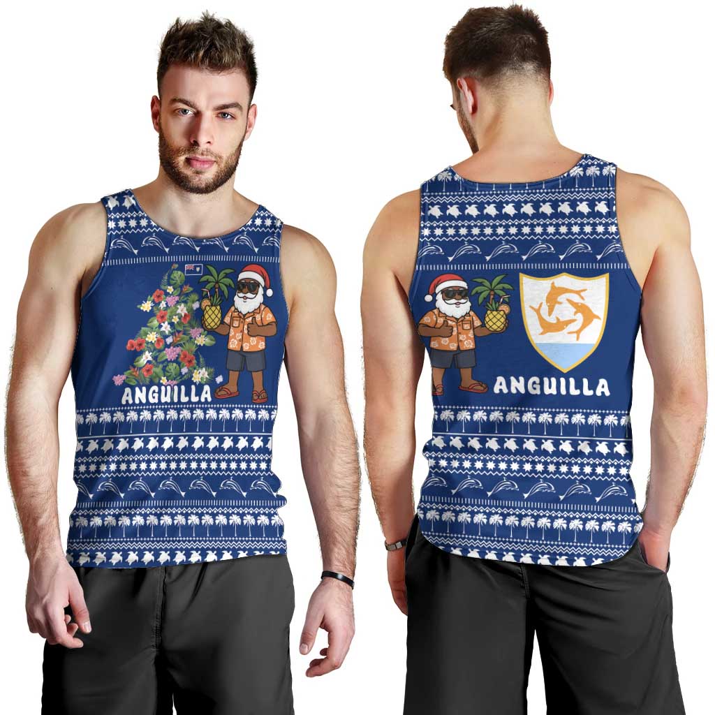 Anguilla Christmas Men Tank Top with Santa Pineapple Floral Tree Island Crest and Tropical Pattern Design - Wonder Print Shop