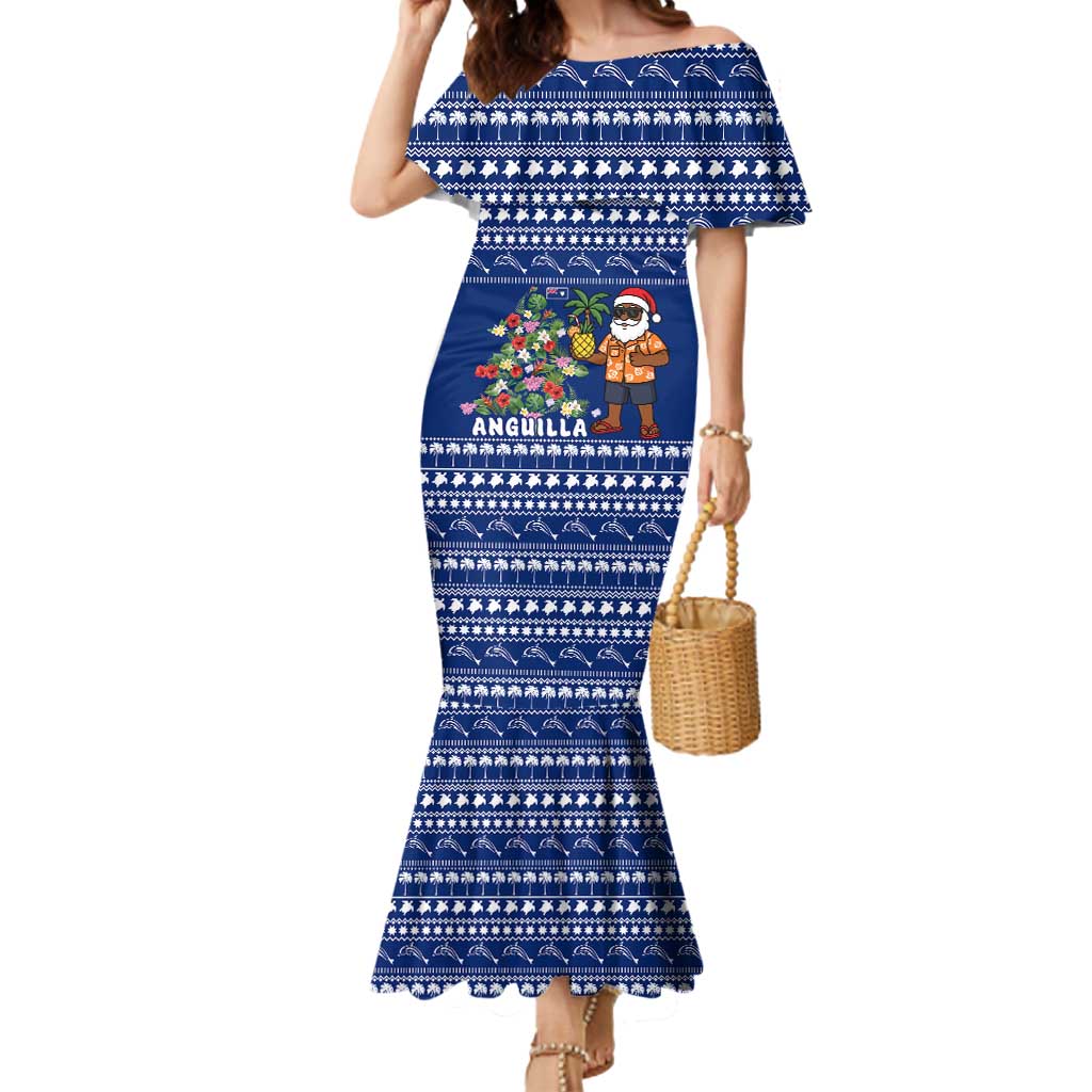 Anguilla Christmas Mermaid Dress with Santa Pineapple Floral Tree Island Crest and Tropical Pattern Design - Wonder Print Shop