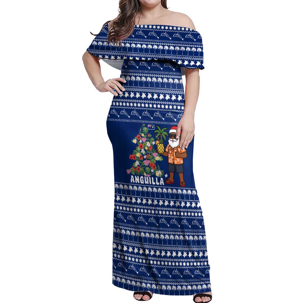 Anguilla Christmas Off Shoulder Maxi Dress with Santa Pineapple Floral Tree Island Crest and Tropical Pattern Design - Wonder Print Shop