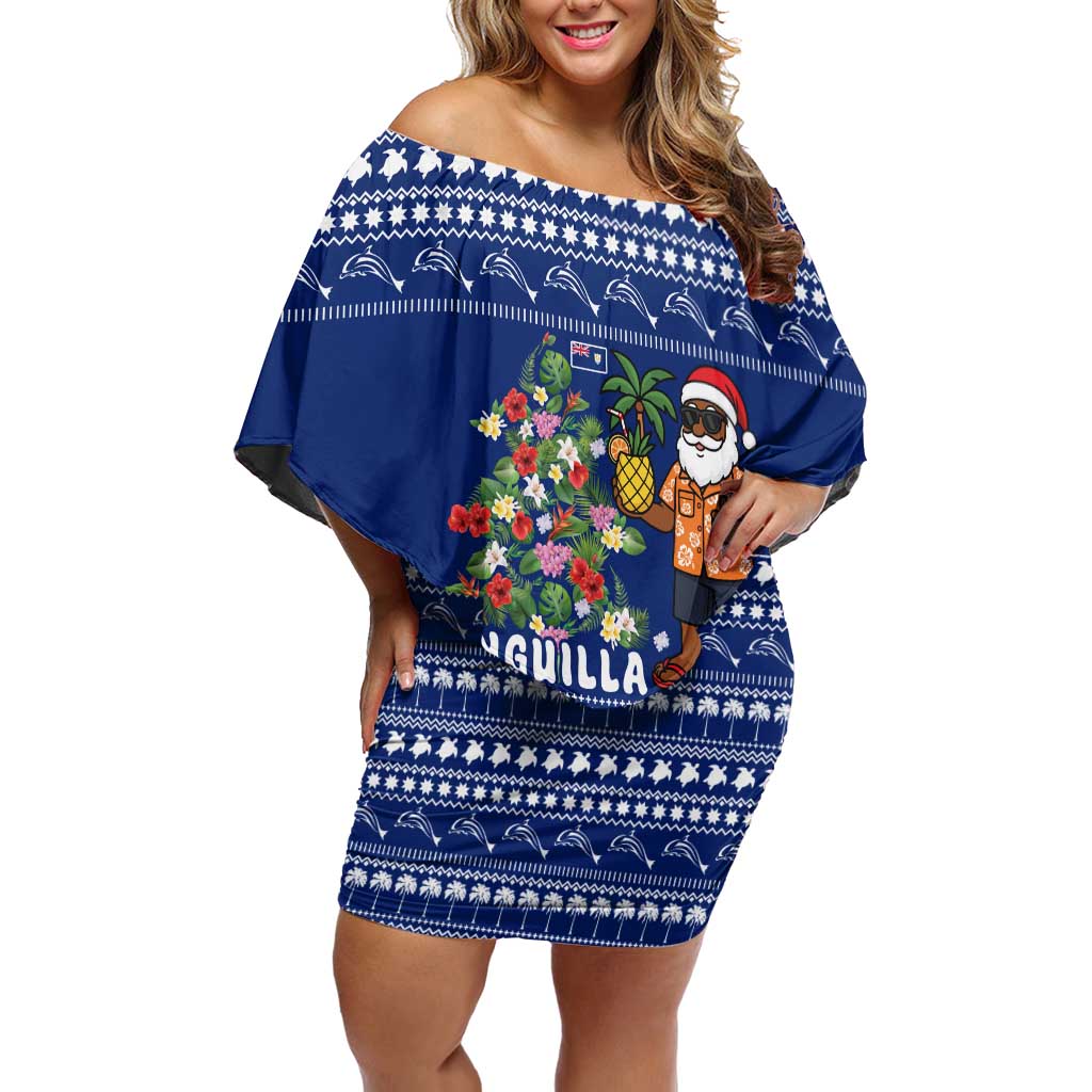 Anguilla Christmas Off Shoulder Short Dress with Santa Pineapple Floral Tree Island Crest and Tropical Pattern Design - Wonder Print Shop