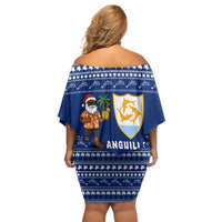 Anguilla Christmas Off Shoulder Short Dress with Santa Pineapple Floral Tree Island Crest and Tropical Pattern Design - Wonder Print Shop