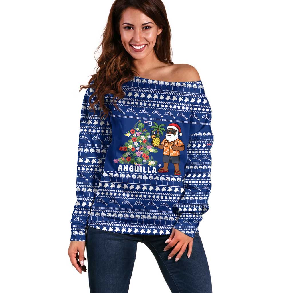 Anguilla Christmas Off Shoulder Sweater with Santa Pineapple Floral Tree Island Crest and Tropical Pattern Design - Wonder Print Shop