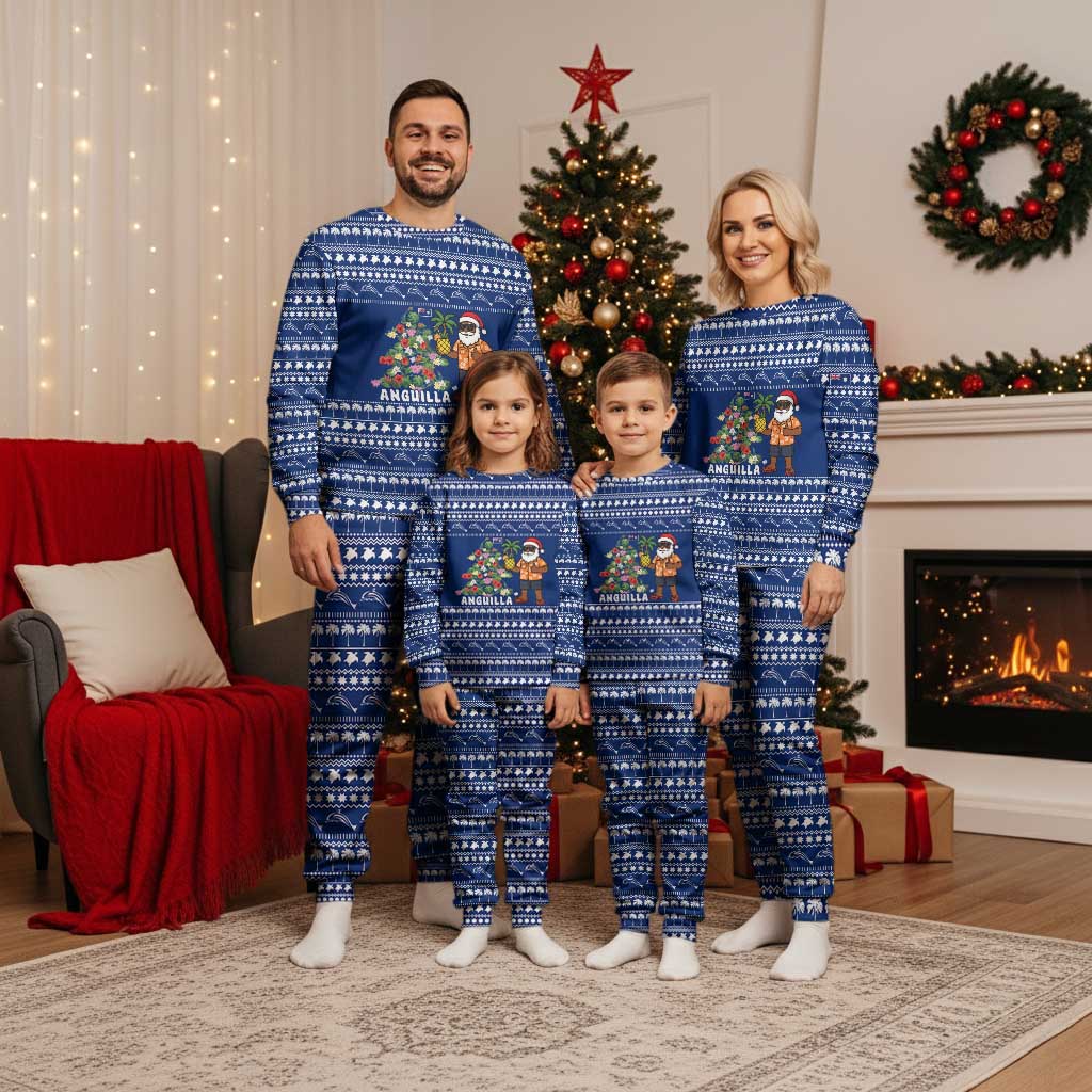 Anguilla Christmas Pajama Set with Santa Pineapple Floral Tree Island Crest and Tropical Pattern Design - Wonder Print Shop