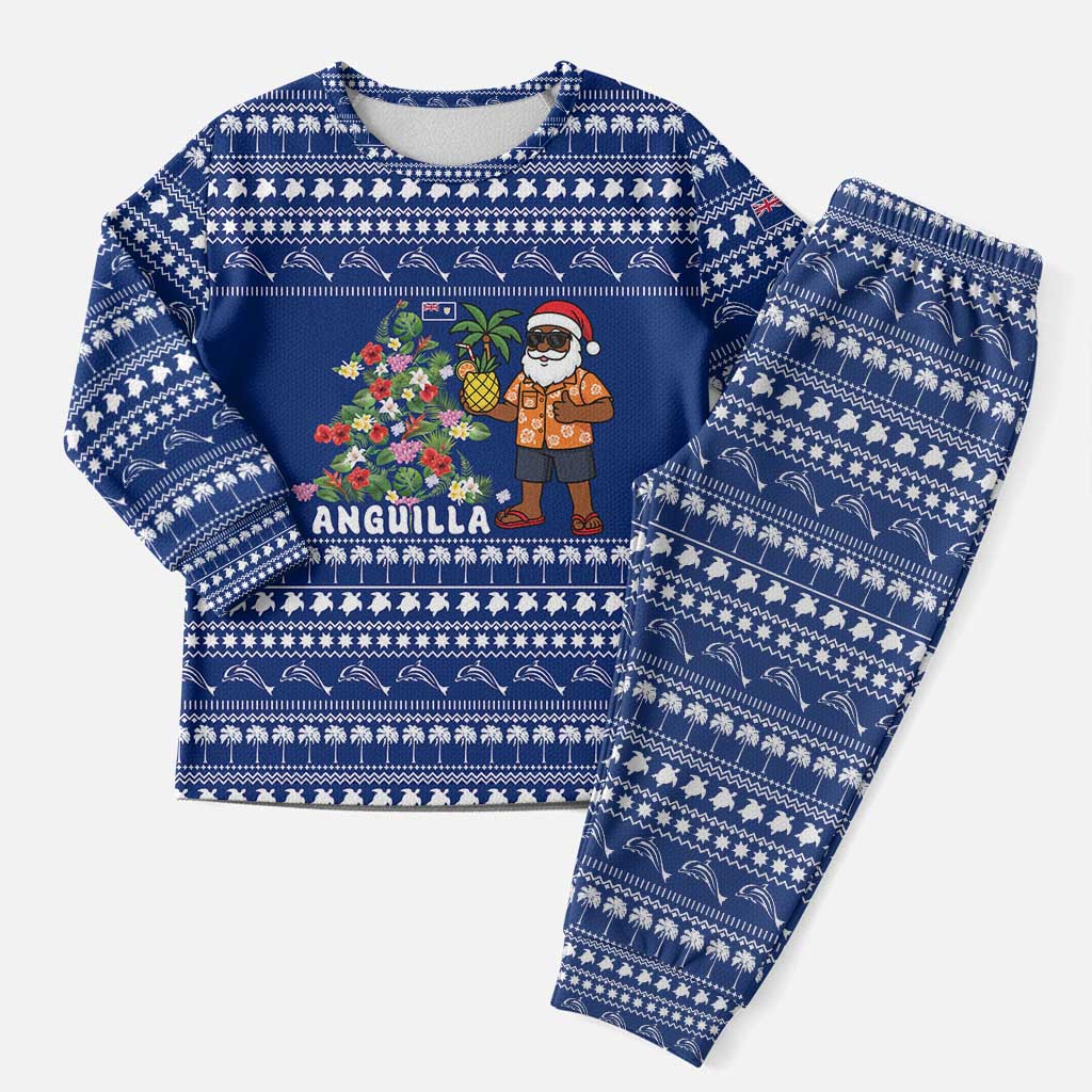 Anguilla Christmas Pajama Set with Santa Pineapple Floral Tree Island Crest and Tropical Pattern Design - Wonder Print Shop