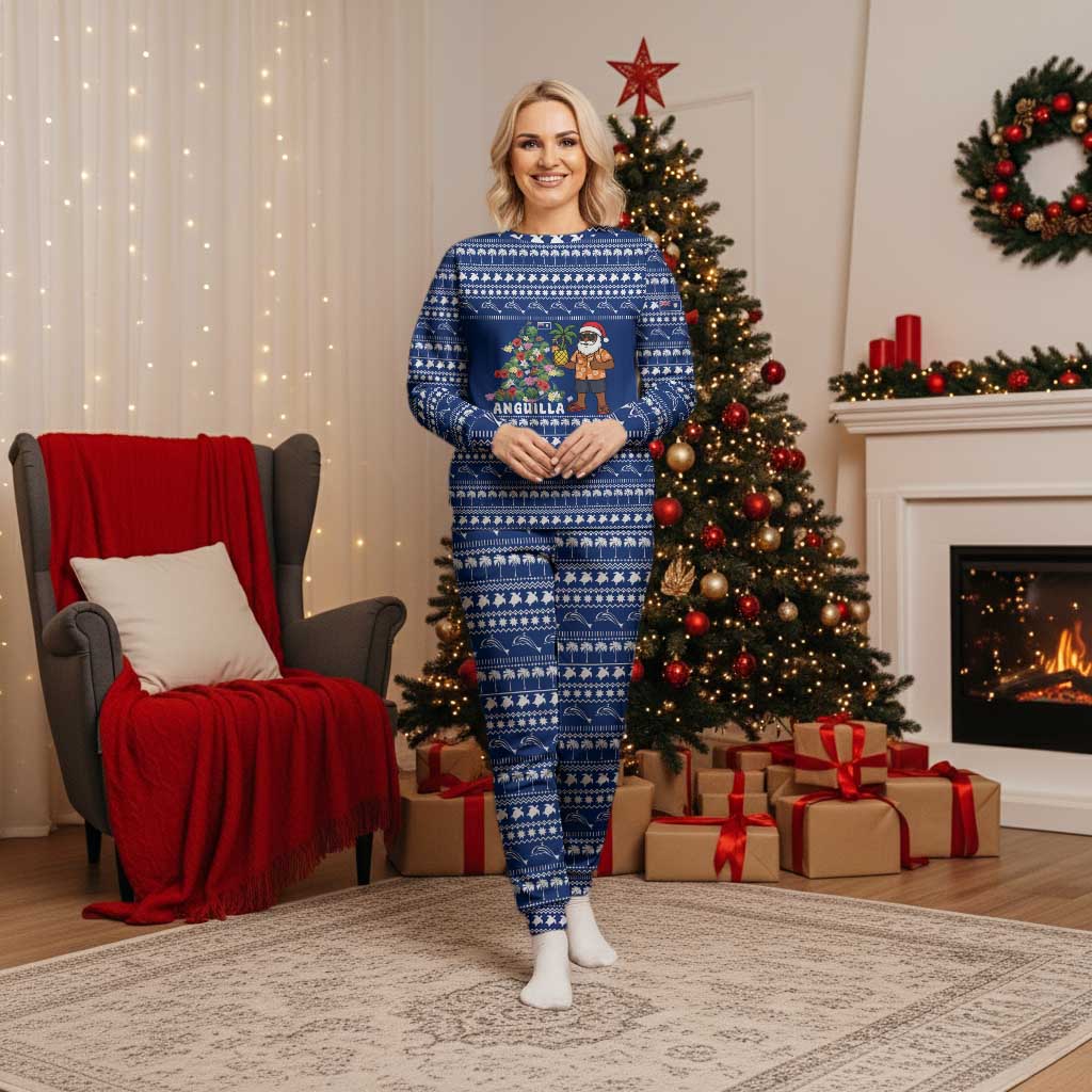Anguilla Christmas Pajama Set with Santa Pineapple Floral Tree Island Crest and Tropical Pattern Design - Wonder Print Shop