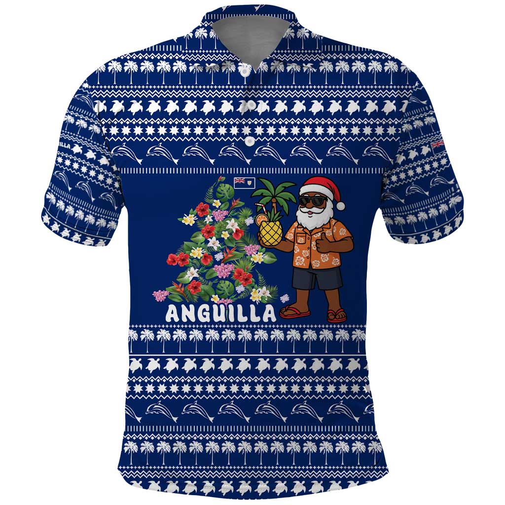 Anguilla Christmas Polo Shirt with Santa Pineapple Floral Tree Island Crest and Tropical Pattern Design - Wonder Print Shop