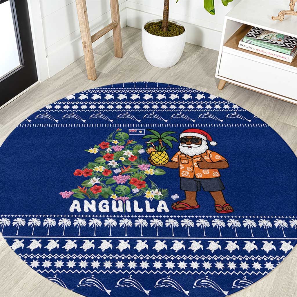 Anguilla Christmas Round Carpet with Santa Pineapple Floral Tree Island Crest and Tropical Pattern Design - Wonder Print Shop
