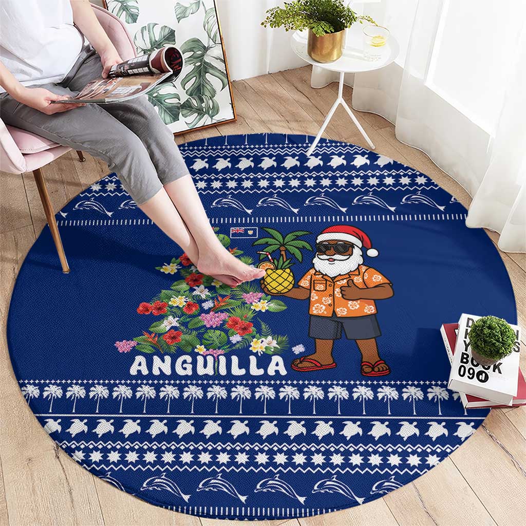 Anguilla Christmas Round Carpet with Santa Pineapple Floral Tree Island Crest and Tropical Pattern Design - Wonder Print Shop