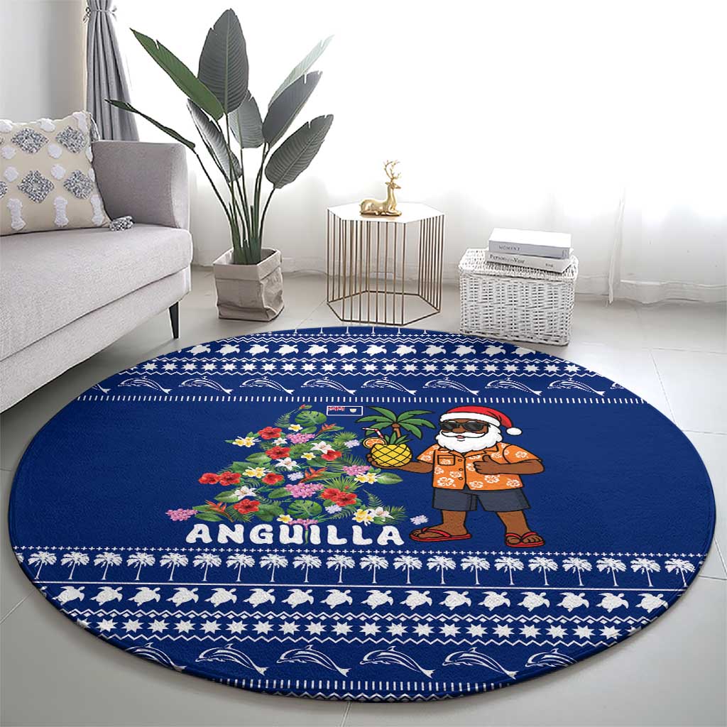 Anguilla Christmas Round Carpet with Santa Pineapple Floral Tree Island Crest and Tropical Pattern Design - Wonder Print Shop