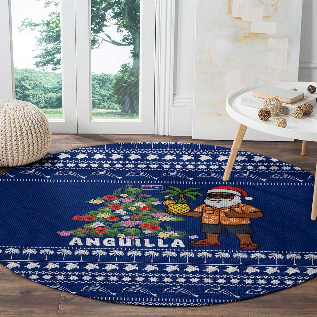 Anguilla Christmas Round Carpet with Santa Pineapple Floral Tree Island Crest and Tropical Pattern Design - Wonder Print Shop