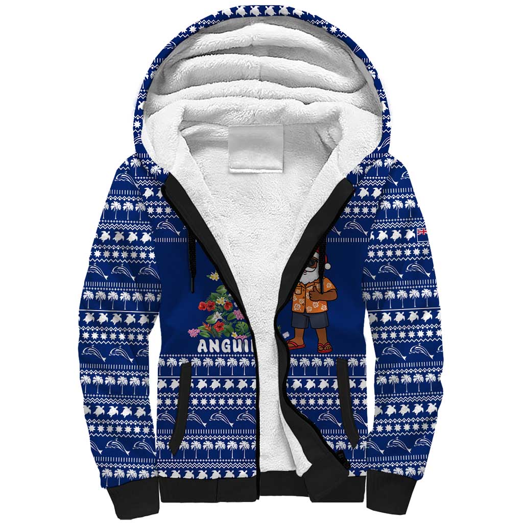 Anguilla Christmas Sherpa Hoodie with Santa Pineapple Floral Tree Island Crest and Tropical Pattern Design - Wonder Print Shop