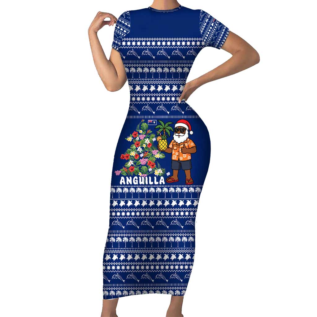 Anguilla Christmas Short Sleeve Bodycon Dress with Santa Pineapple Floral Tree Island Crest and Tropical Pattern Design - Wonder Print Shop