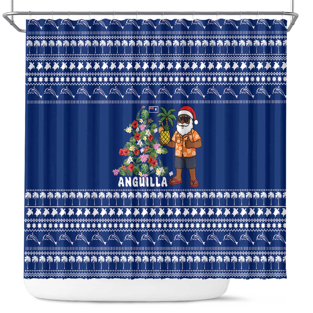 Anguilla Christmas Shower Curtain with Santa Pineapple Floral Tree Island Crest and Tropical Pattern Design - Wonder Print Shop
