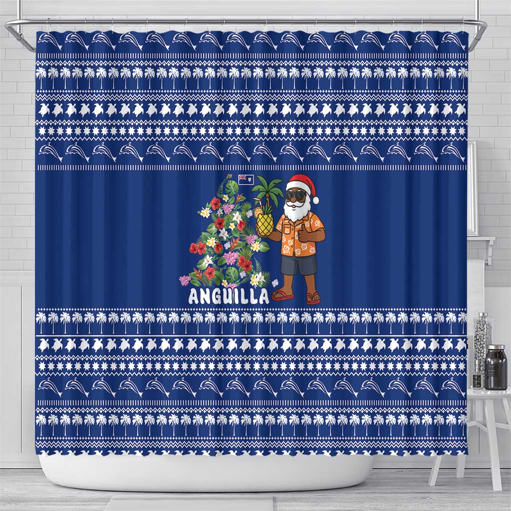 Anguilla Christmas Shower Curtain with Santa Pineapple Floral Tree Island Crest and Tropical Pattern Design - Wonder Print Shop