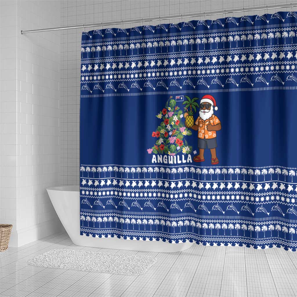 Anguilla Christmas Shower Curtain with Santa Pineapple Floral Tree Island Crest and Tropical Pattern Design - Wonder Print Shop