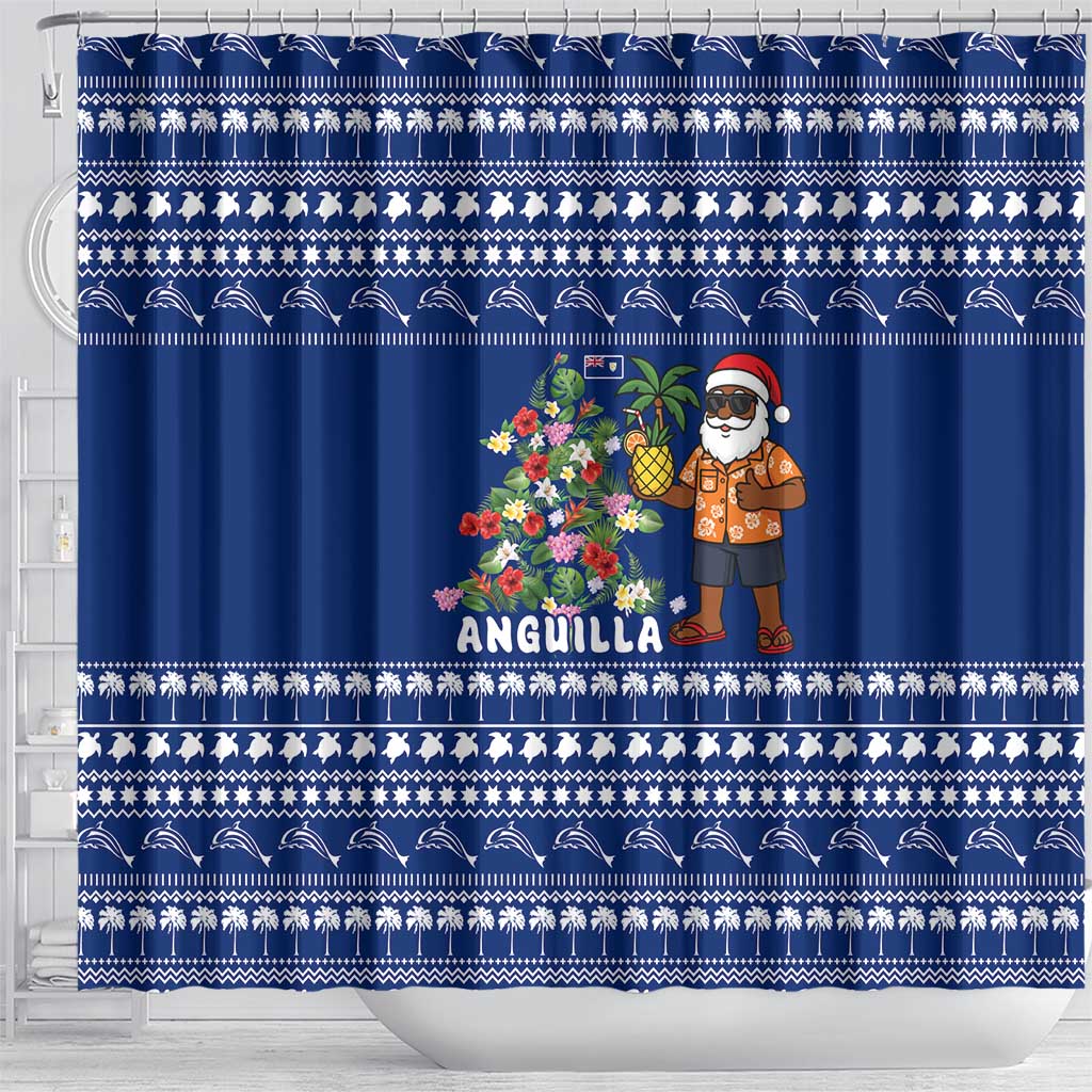 Anguilla Christmas Shower Curtain with Santa Pineapple Floral Tree Island Crest and Tropical Pattern Design - Wonder Print Shop