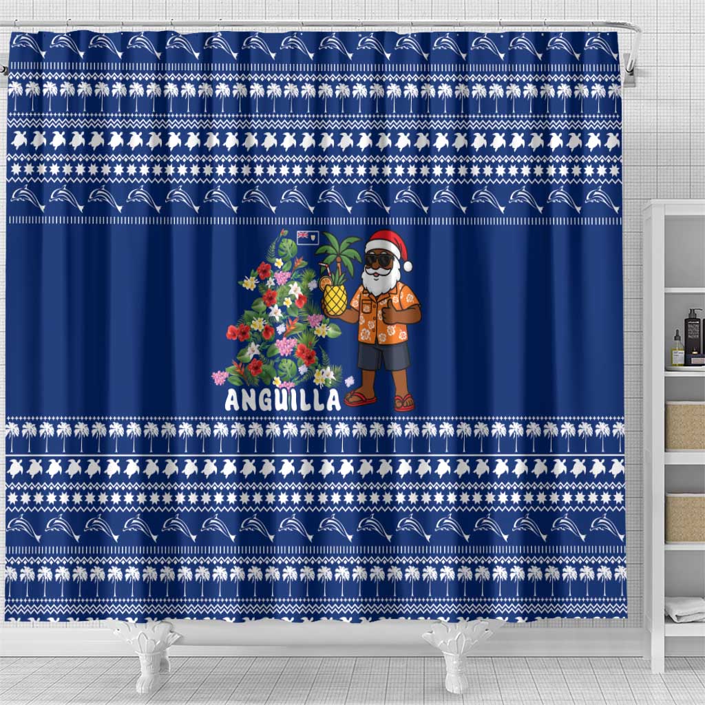 Anguilla Christmas Shower Curtain with Santa Pineapple Floral Tree Island Crest and Tropical Pattern Design - Wonder Print Shop