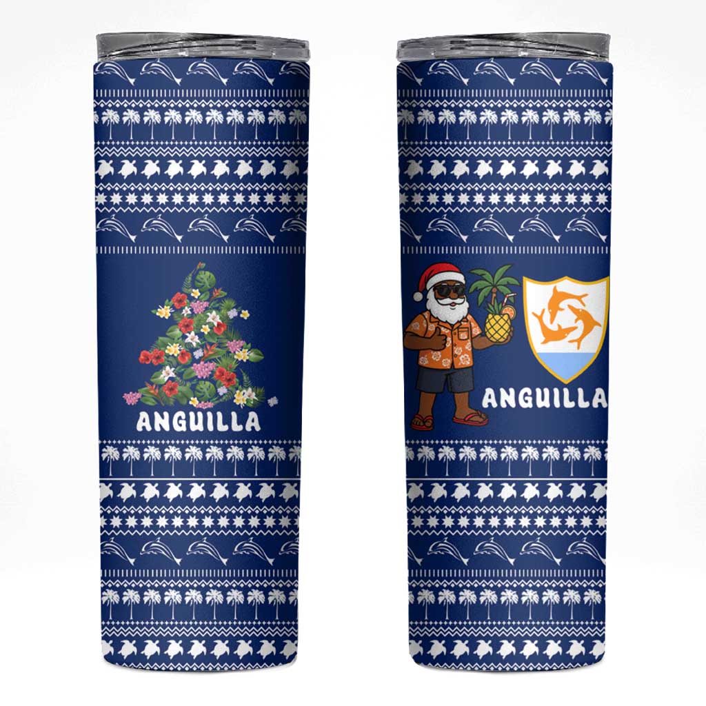 Anguilla Christmas Skinny Tumbler with Santa Pineapple Floral Tree Island Crest and Tropical Pattern Design - Wonder Print Shop