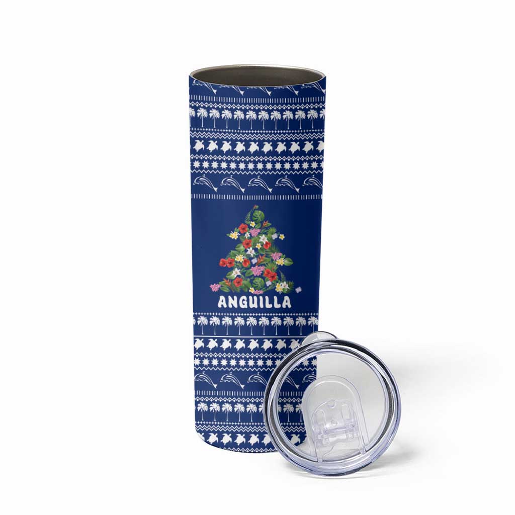 Anguilla Christmas Skinny Tumbler with Santa Pineapple Floral Tree Island Crest and Tropical Pattern Design - Wonder Print Shop