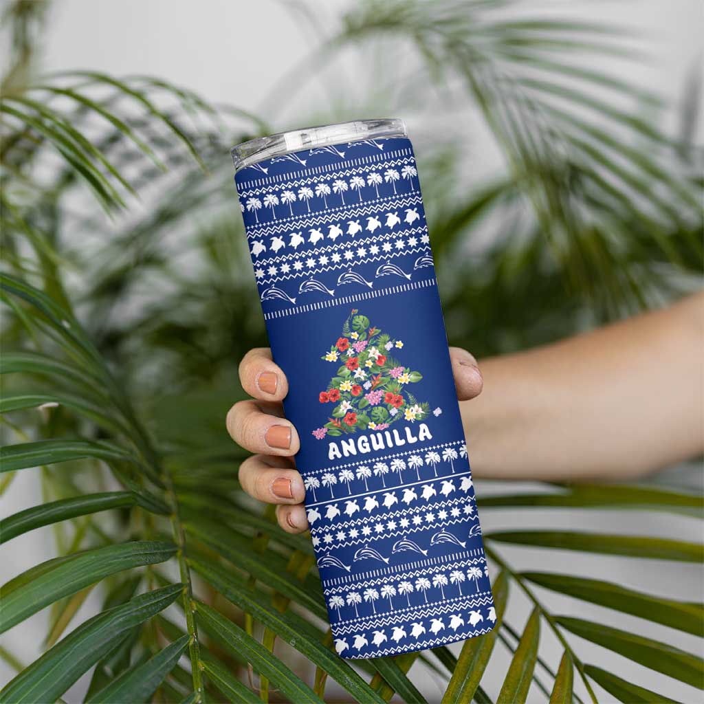 Anguilla Christmas Skinny Tumbler with Santa Pineapple Floral Tree Island Crest and Tropical Pattern Design - Wonder Print Shop