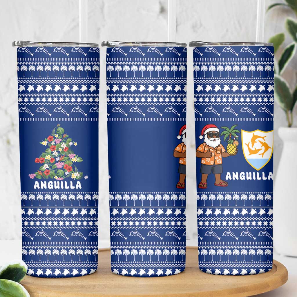 Anguilla Christmas Skinny Tumbler with Santa Pineapple Floral Tree Island Crest and Tropical Pattern Design - Wonder Print Shop