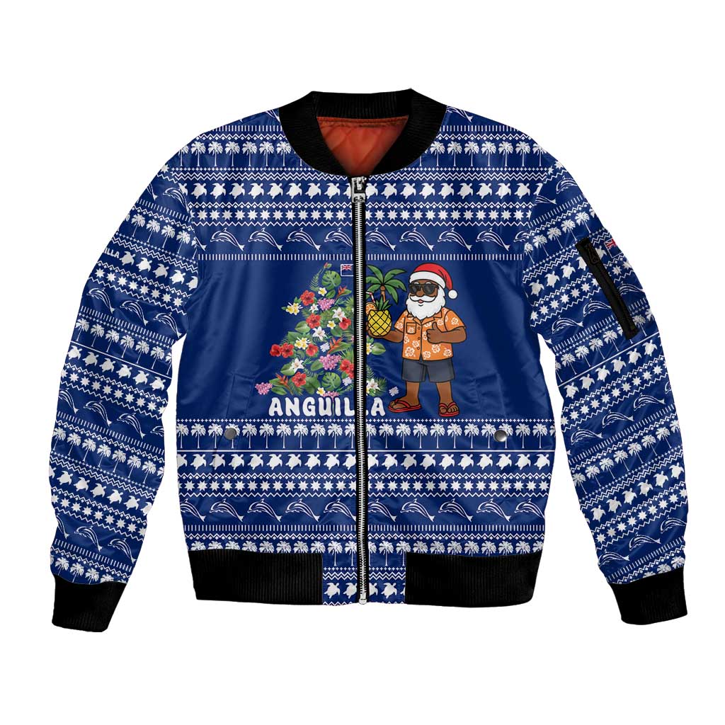 Anguilla Christmas Sleeve Zip Bomber Jacket with Santa Pineapple Floral Tree Island Crest and Tropical Pattern Design - Wonder Print Shop