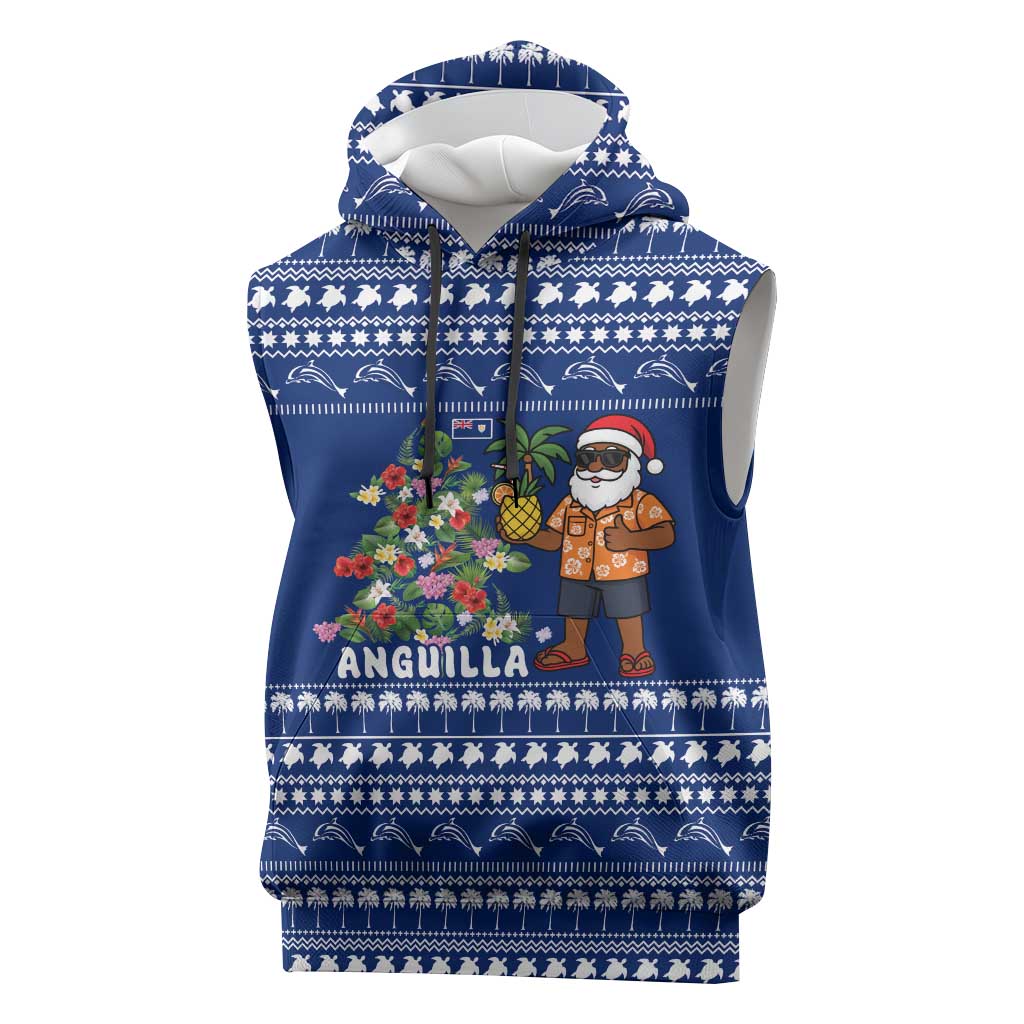 Anguilla Christmas Sleeveless Hoodie with Santa Pineapple Floral Tree Island Crest and Tropical Pattern Design - Wonder Print Shop