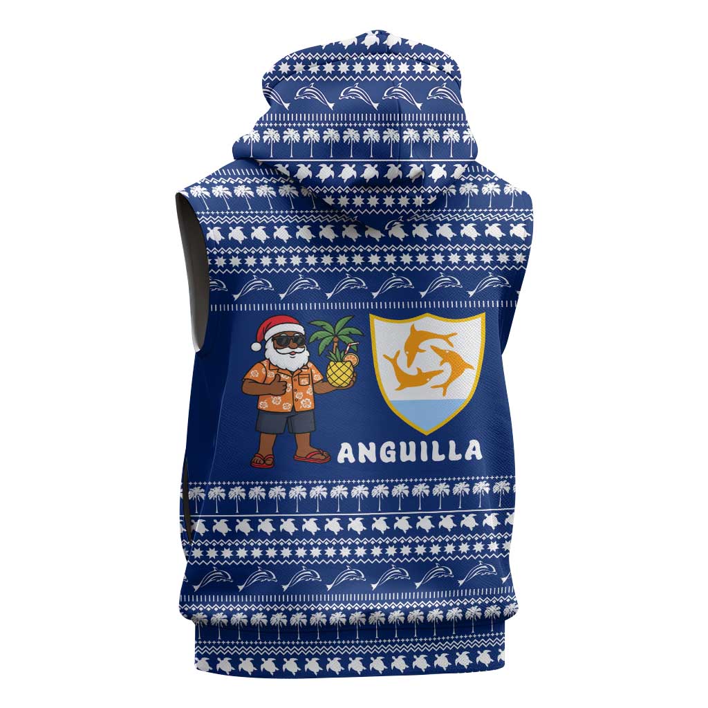 Anguilla Christmas Sleeveless Hoodie with Santa Pineapple Floral Tree Island Crest and Tropical Pattern Design - Wonder Print Shop