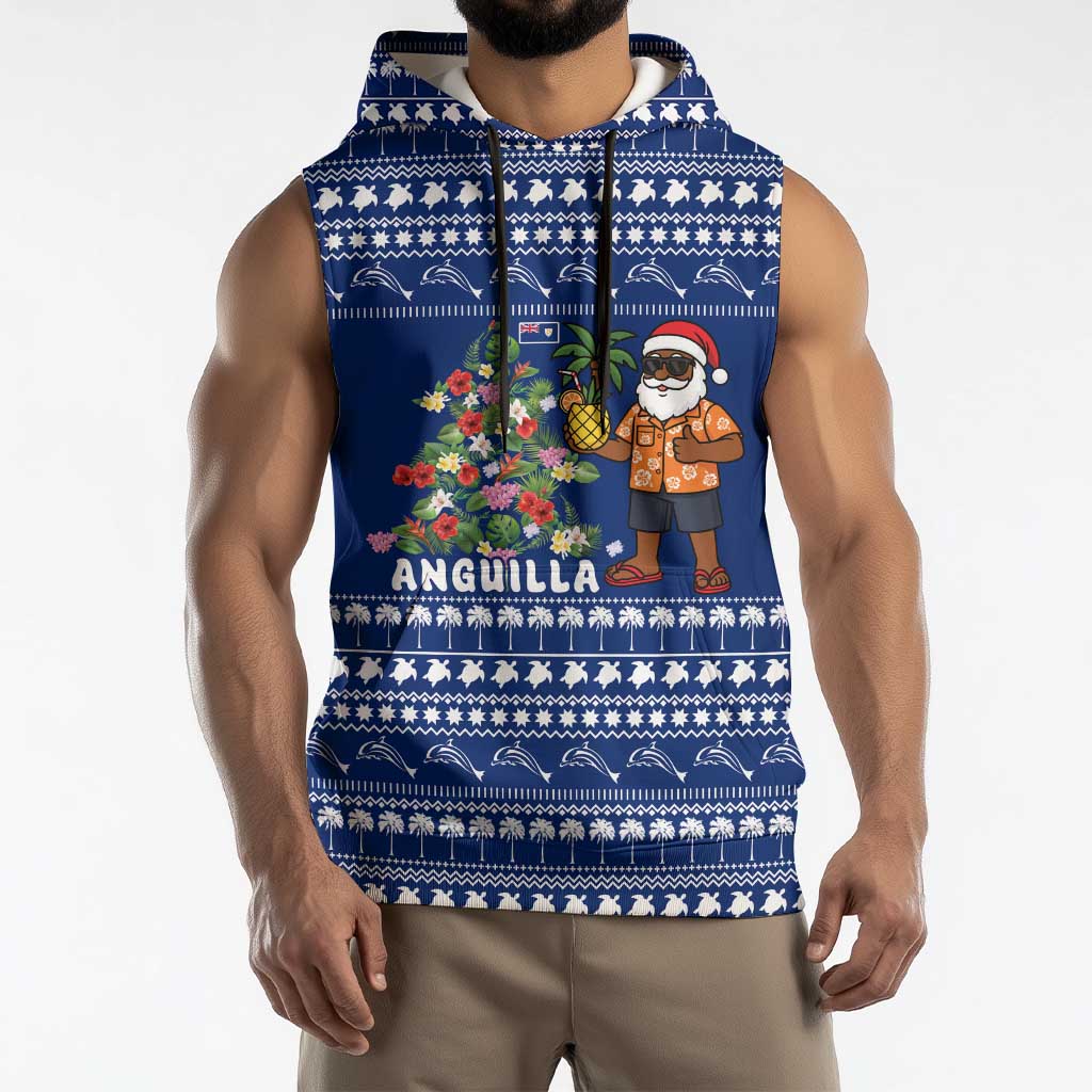 Anguilla Christmas Sleeveless Hoodie with Santa Pineapple Floral Tree Island Crest and Tropical Pattern Design - Wonder Print Shop