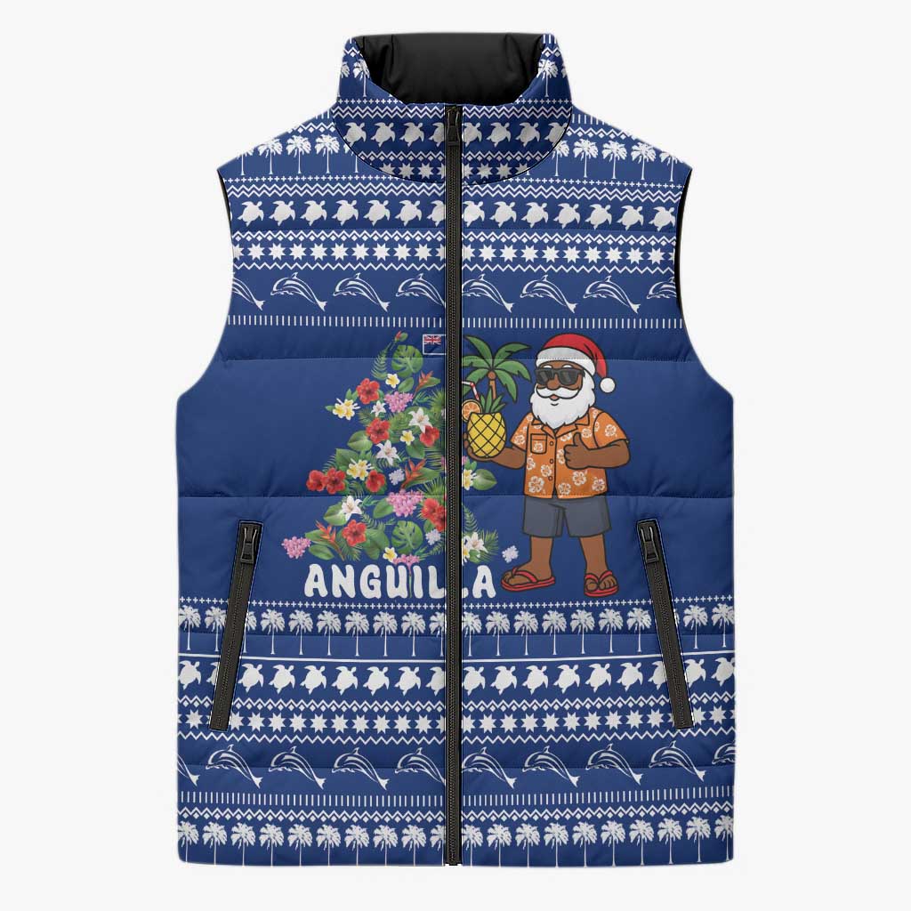 Anguilla Christmas Sleeveless Puffer Jacket with Santa Pineapple Floral Tree Island Crest and Tropical Pattern Design - Wonder Print Shop