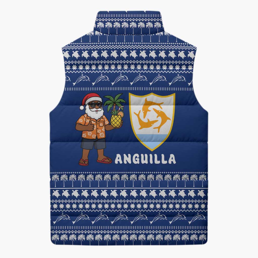 Anguilla Christmas Sleeveless Puffer Jacket with Santa Pineapple Floral Tree Island Crest and Tropical Pattern Design - Wonder Print Shop