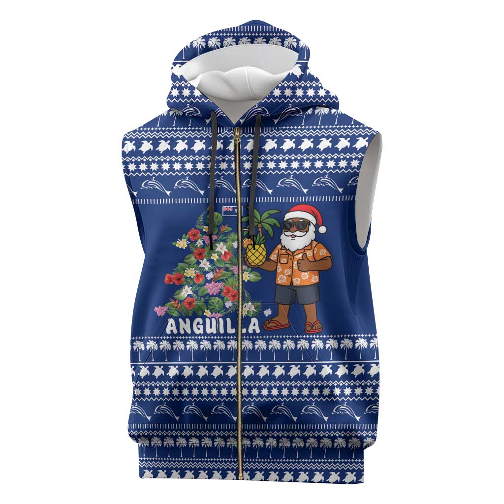 Anguilla Christmas Sleeveless Zip Hoodie with Santa Pineapple Floral Tree Island Crest and Tropical Pattern Design - Wonder Print Shop