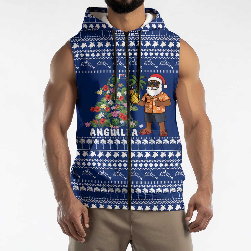 Anguilla Christmas Sleeveless Zip Hoodie with Santa Pineapple Floral Tree Island Crest and Tropical Pattern Design - Wonder Print Shop