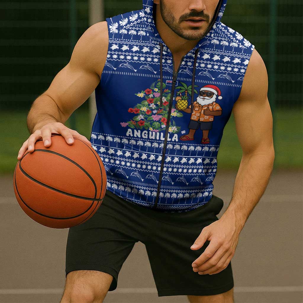 Anguilla Christmas Sleeveless Zip Hoodie with Santa Pineapple Floral Tree Island Crest and Tropical Pattern Design - Wonder Print Shop