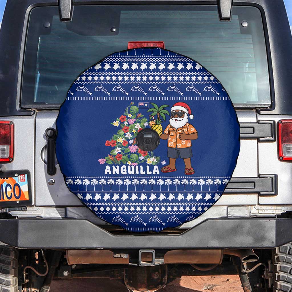 Anguilla Christmas Spare Tire Cover with Santa Pineapple Floral Tree Island Crest and Tropical Pattern Design - Wonder Print Shop
