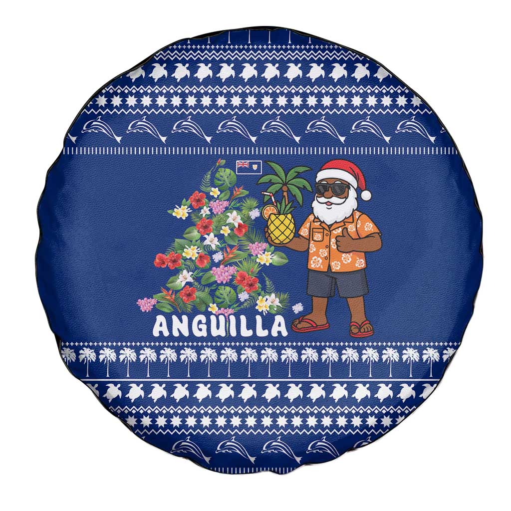 Anguilla Christmas Spare Tire Cover with Santa Pineapple Floral Tree Island Crest and Tropical Pattern Design - Wonder Print Shop
