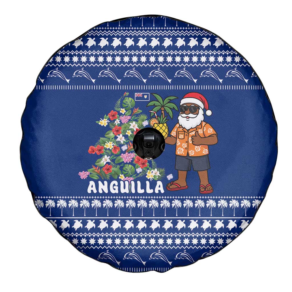 Anguilla Christmas Spare Tire Cover with Santa Pineapple Floral Tree Island Crest and Tropical Pattern Design - Wonder Print Shop