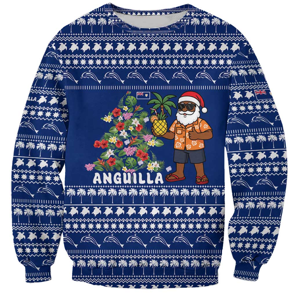 Anguilla Christmas Sweatshirt with Santa Pineapple Floral Tree Island Crest and Tropical Pattern Design - Wonder Print Shop