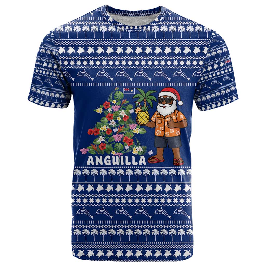 Anguilla Christmas T Shirt with Santa Pineapple Floral Tree Island Crest and Tropical Pattern Design - Wonder Print Shop