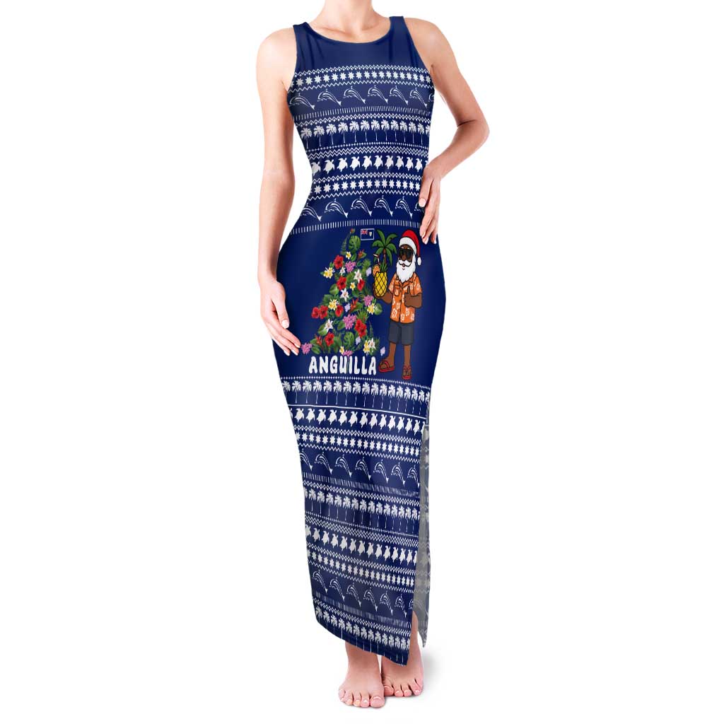 Anguilla Christmas Tank Maxi Dress with Santa Pineapple Floral Tree Island Crest and Tropical Pattern Design - Wonder Print Shop