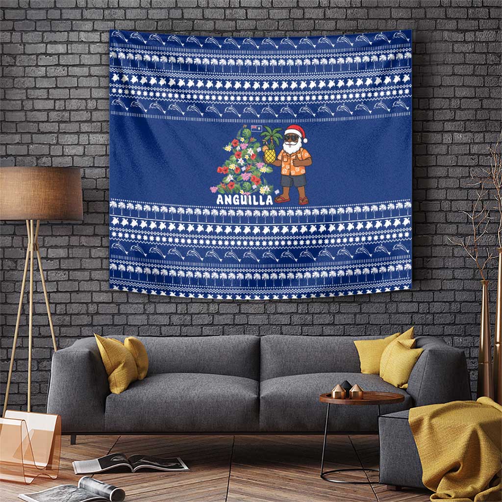 Anguilla Christmas Tapestry with Santa Pineapple Floral Tree Island Crest and Tropical Pattern Design - Wonder Print Shop