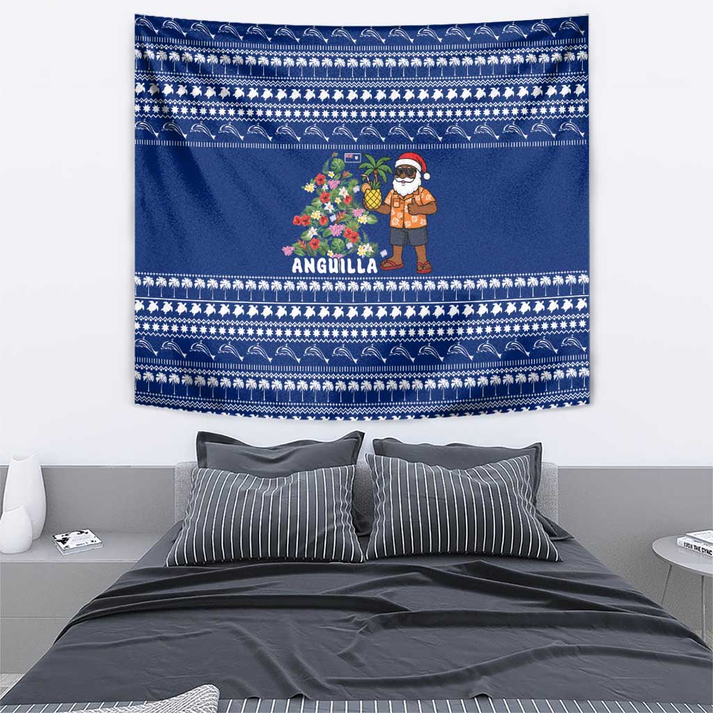 Anguilla Christmas Tapestry with Santa Pineapple Floral Tree Island Crest and Tropical Pattern Design - Wonder Print Shop