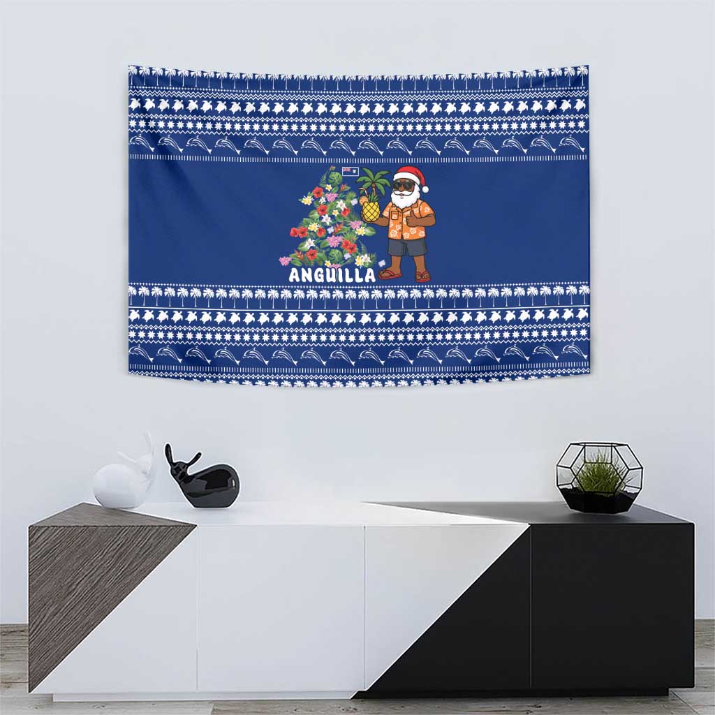 Anguilla Christmas Tapestry with Santa Pineapple Floral Tree Island Crest and Tropical Pattern Design - Wonder Print Shop