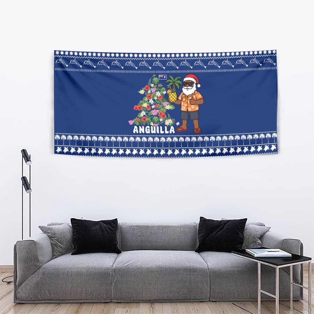 Anguilla Christmas Tapestry with Santa Pineapple Floral Tree Island Crest and Tropical Pattern Design - Wonder Print Shop