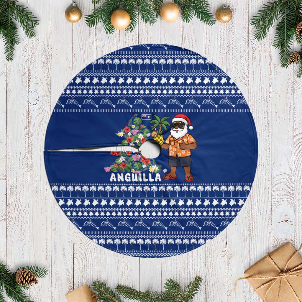 Anguilla Christmas Tree Skirt with Santa Pineapple Floral Tree Island Crest and Tropical Pattern Design - Wonder Print Shop