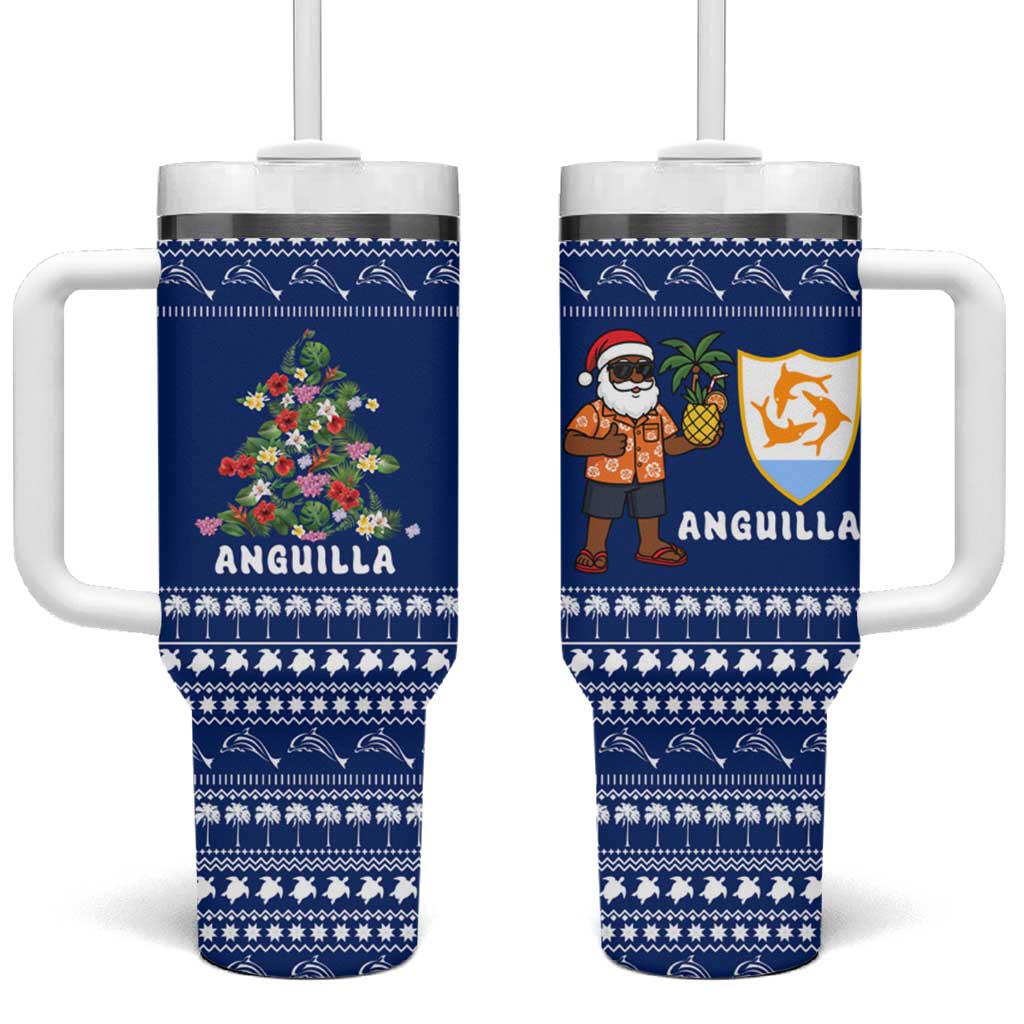 Anguilla Christmas Tumbler With Handle with Santa Pineapple Floral Tree Island Crest and Tropical Pattern Design - Wonder Print Shop