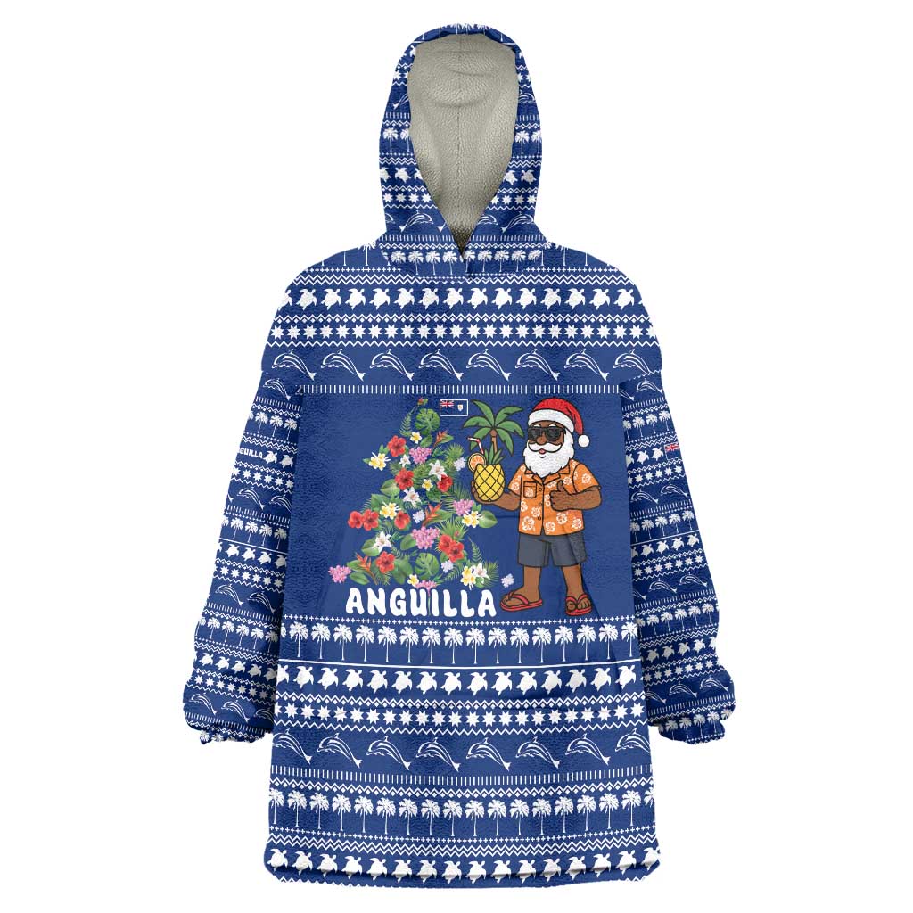 Anguilla Christmas Wearable Blanket Hoodie with Santa Pineapple Floral Tree Island Crest and Tropical Pattern Design - Wonder Print Shop