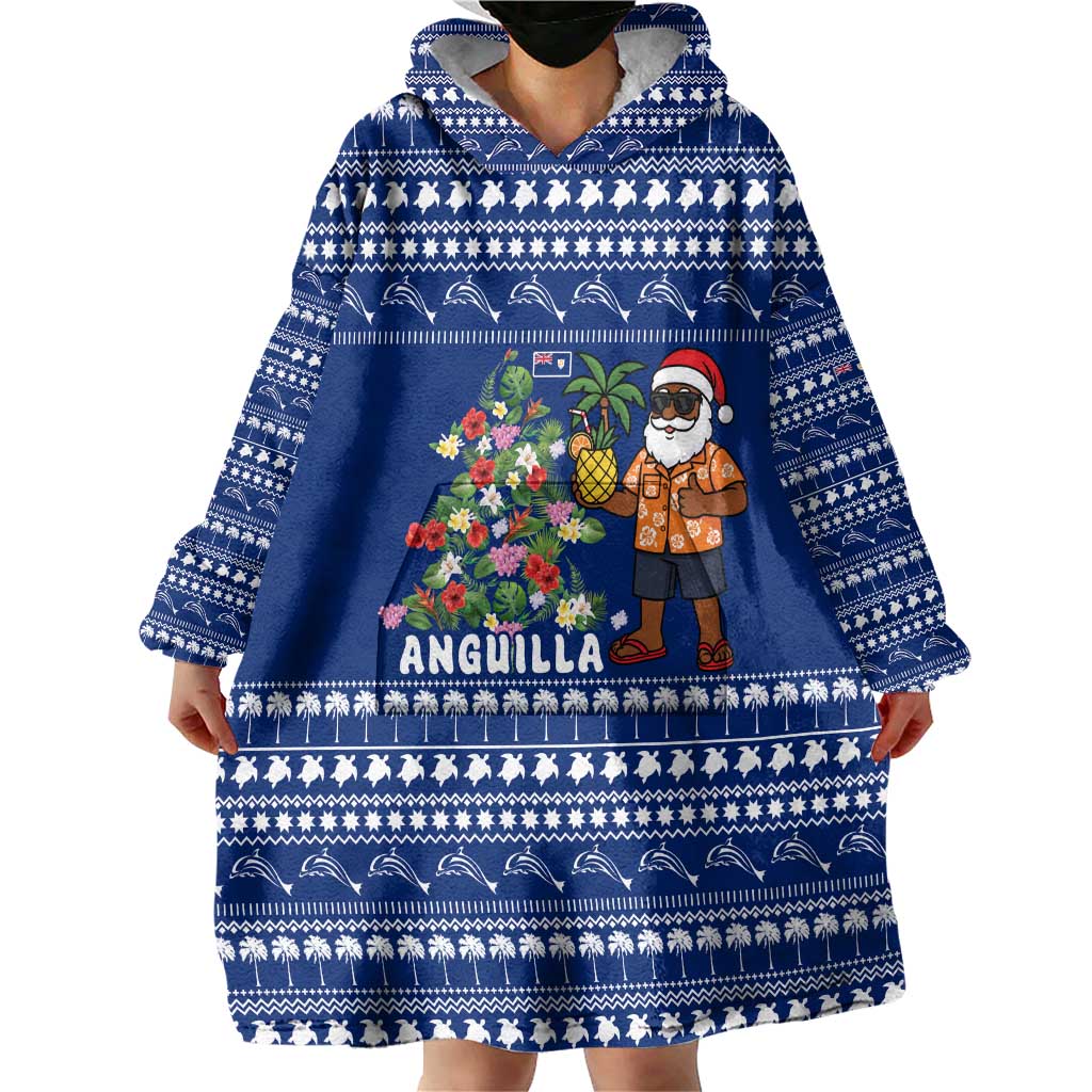 Anguilla Christmas Wearable Blanket Hoodie with Santa Pineapple Floral Tree Island Crest and Tropical Pattern Design - Wonder Print Shop