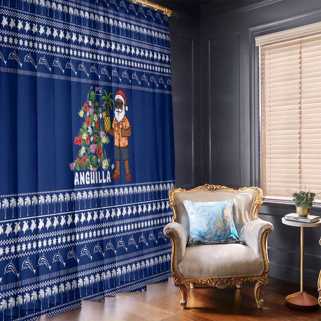 Anguilla Christmas Window Curtain with Santa Pineapple Floral Tree Island Crest and Tropical Pattern Design - Wonder Print Shop